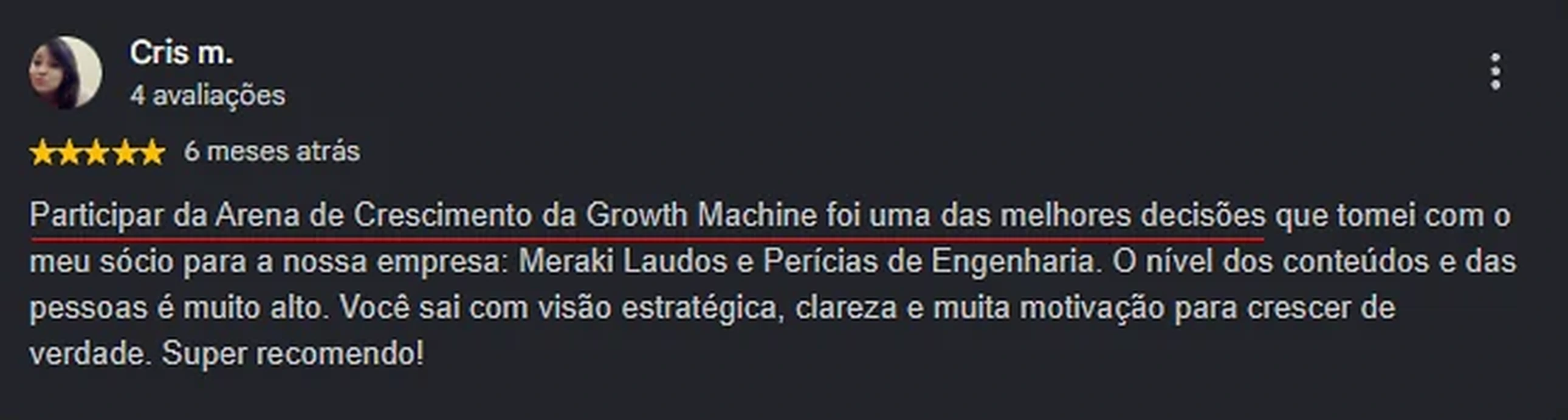 Depoimento de Cris M. sobre a Arena de Crescimento